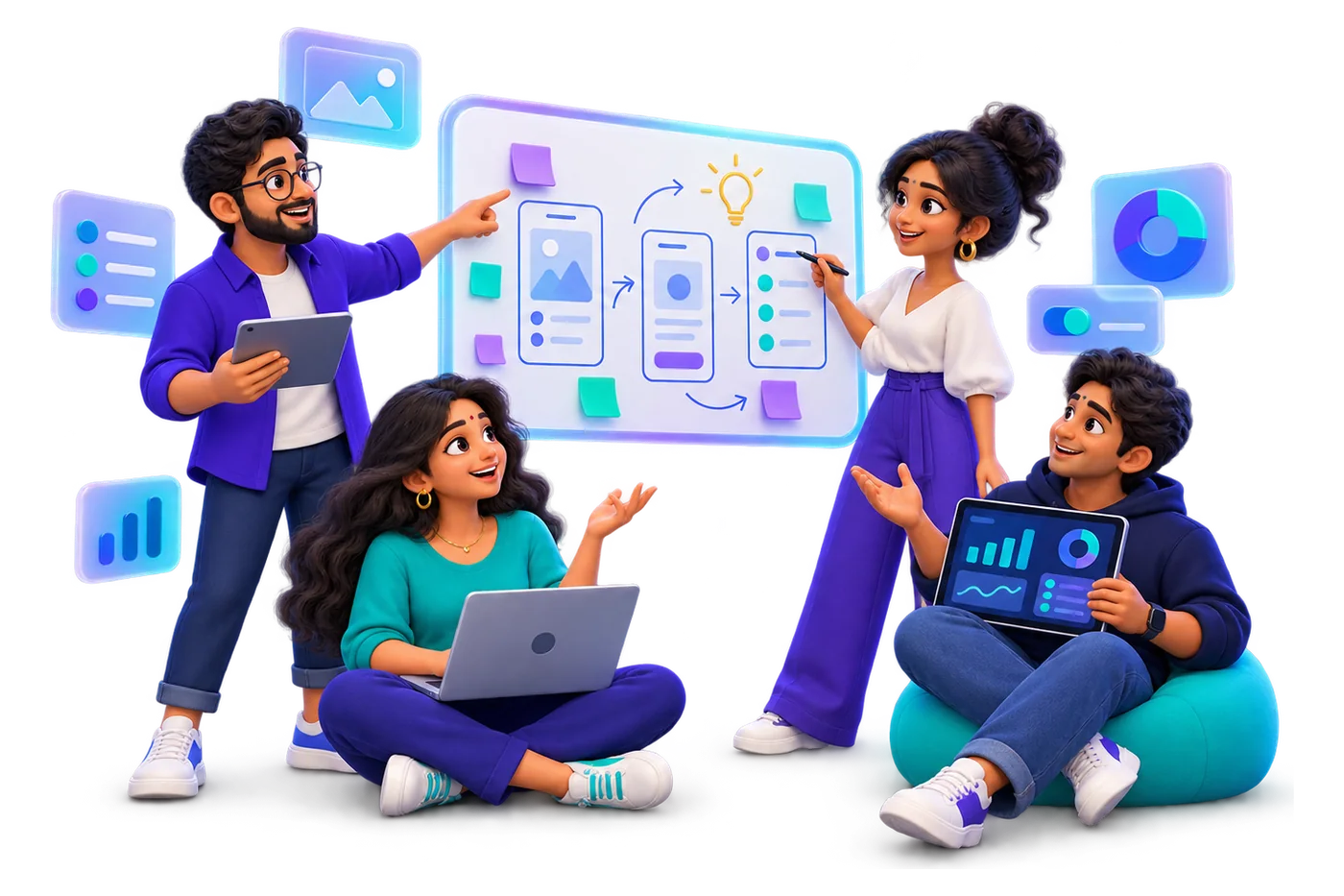 Illustration of a small Indian product team planning app screens together on a whiteboard