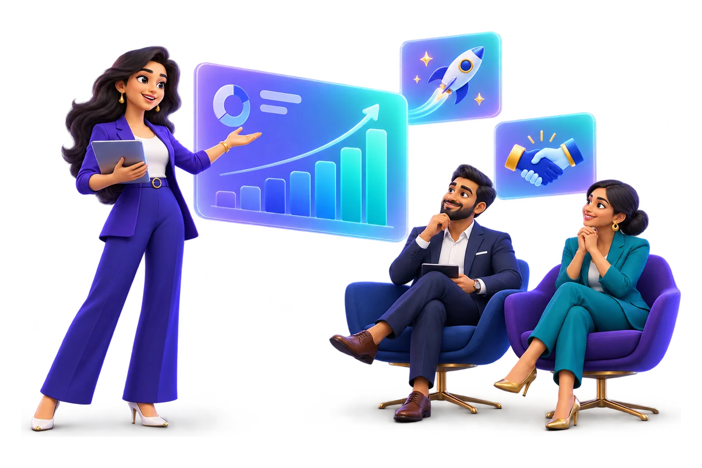 Illustration of a founder pitching beside a rising chart while two investors listen from their chairs