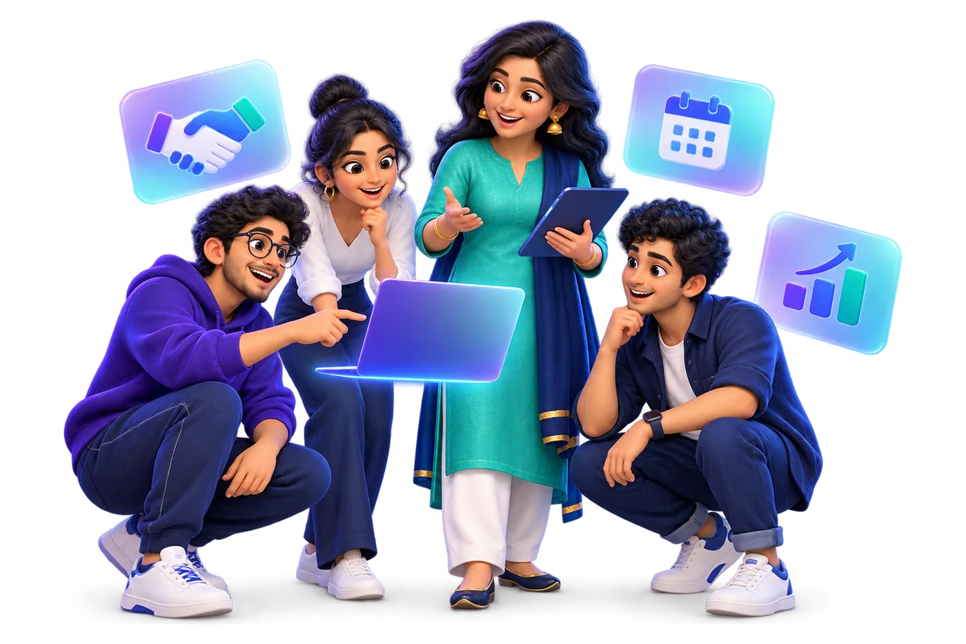 Illustration of an incubation centre manager with a tablet and three young founders gathered around a laptop