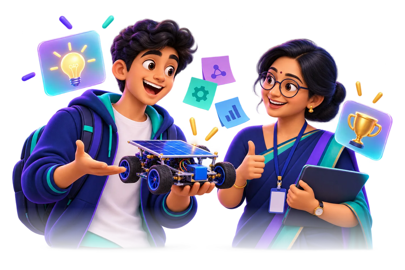 Illustration of a student showing a solar-powered model car to a faculty coordinator who gives a thumbs-up