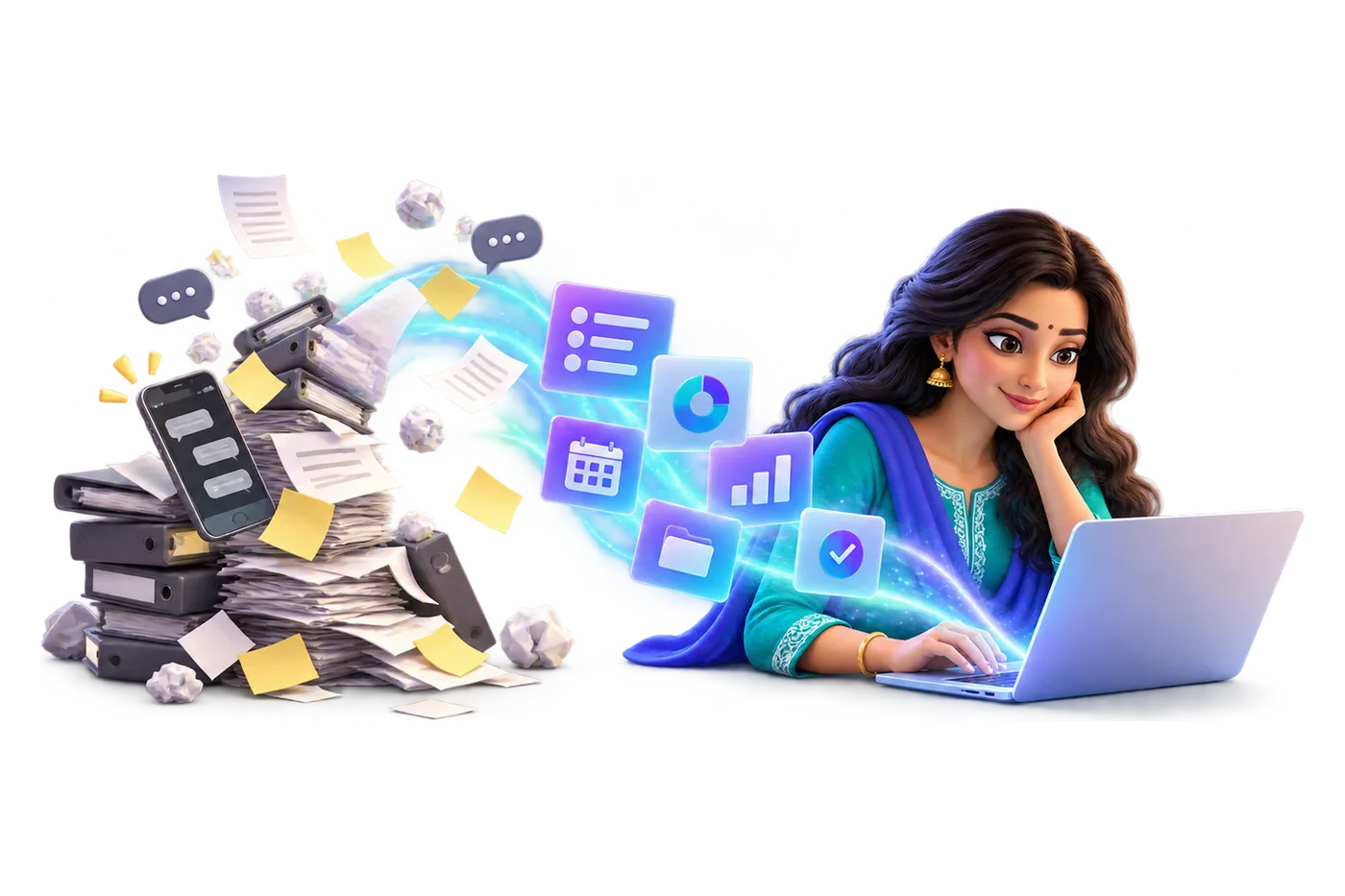Illustration of piles of paper files, sticky notes and chat messages turning into neat cards that flow into one laptop dashboard