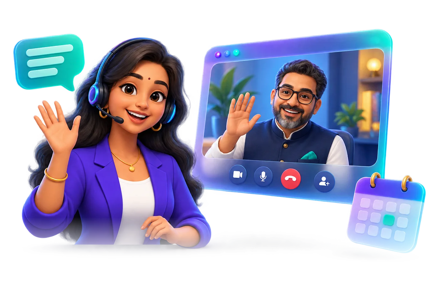 Illustration of a product specialist with a headset waving to an incubation centre director on a video call