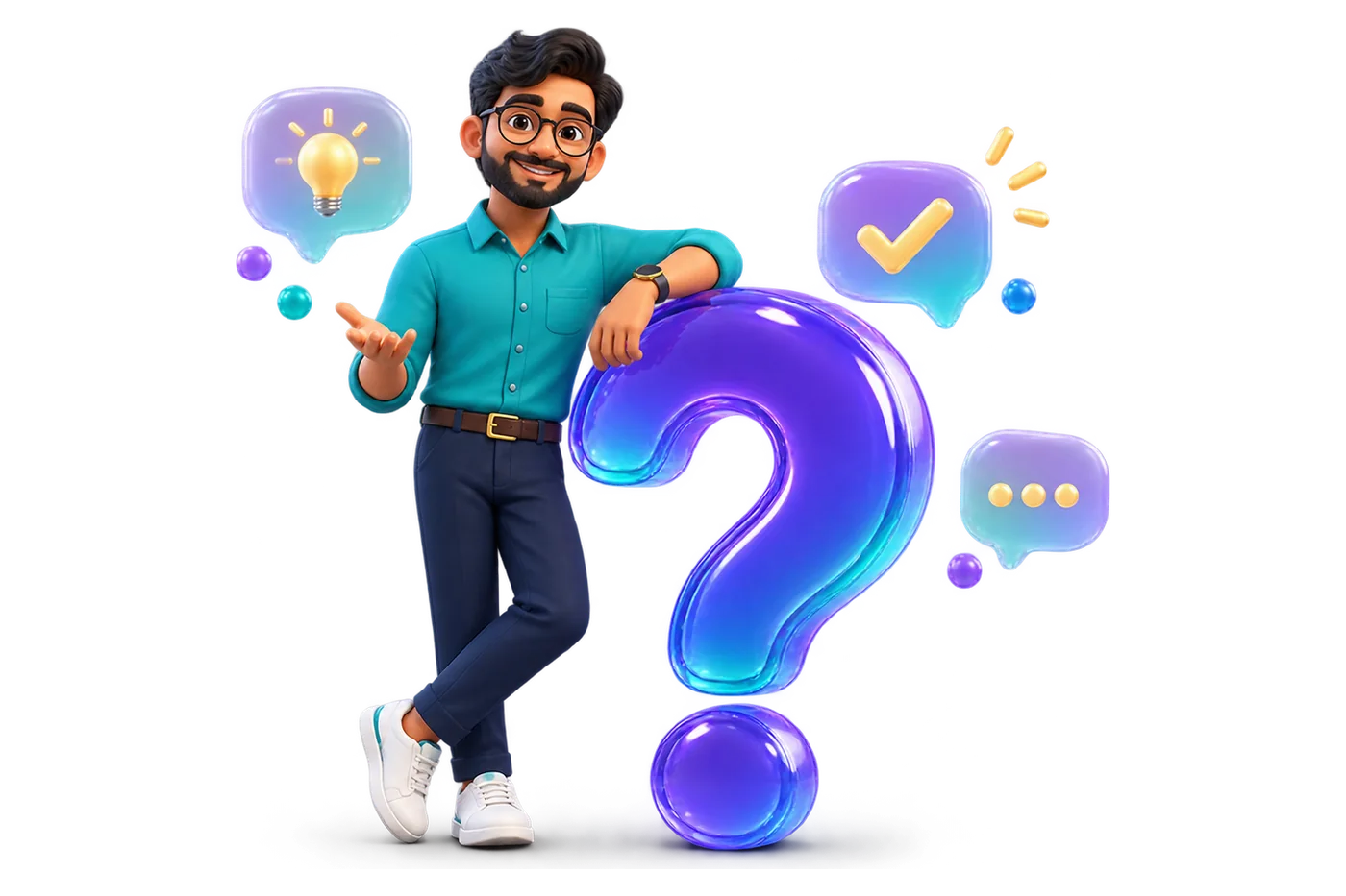 Illustration of a smiling support specialist leaning on a large glass question mark, with speech bubbles holding a tick and a lightbulb