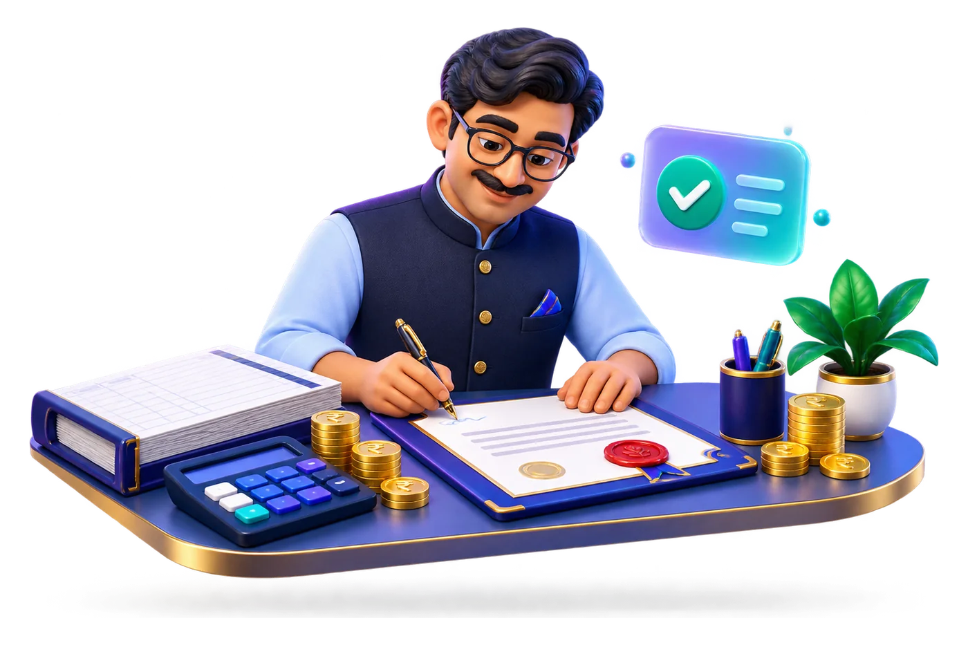 Illustration of an accounts officer signing a sealed grant certificate at a desk with a ledger, a calculator and rupee coins