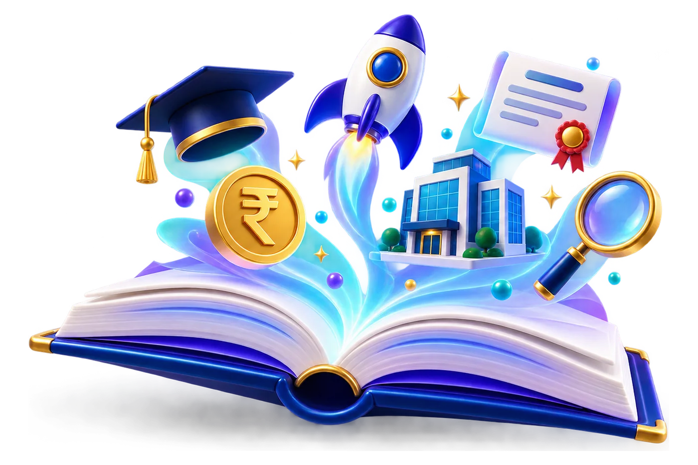 Illustration of an open book with a rocket, a graduation cap, a rupee coin, a sealed certificate, a building and a magnifying glass rising from its pages