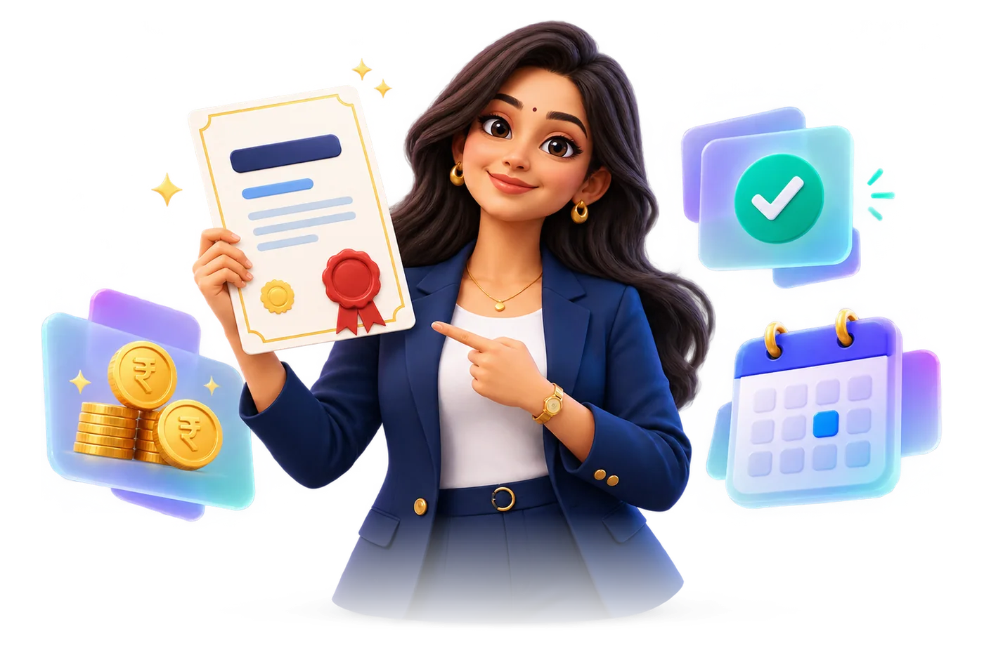 Illustration of a finance manager holding a sealed grant certificate, with rupee coins, an approval tick and a calendar beside her