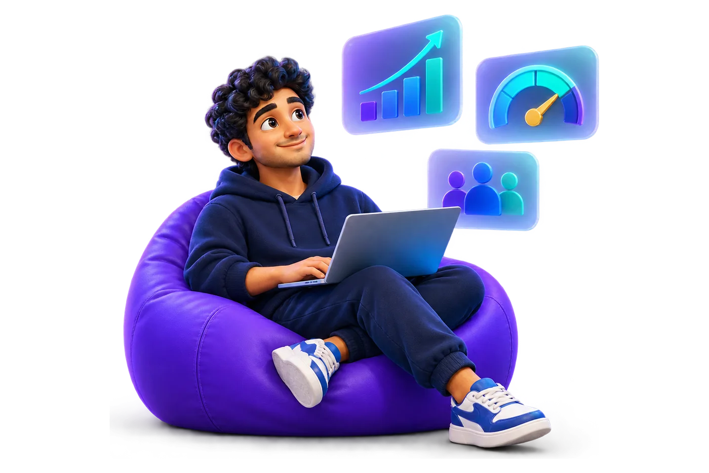 Illustration of a startup founder on a beanbag filling in his monthly report on a laptop, with a growth chart, a runway gauge and his team above him