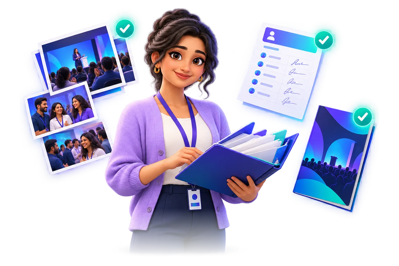 Illustration of a quality coordinator holding an evidence folder, with event photographs, a signed attendance sheet and a brochure, each ticked