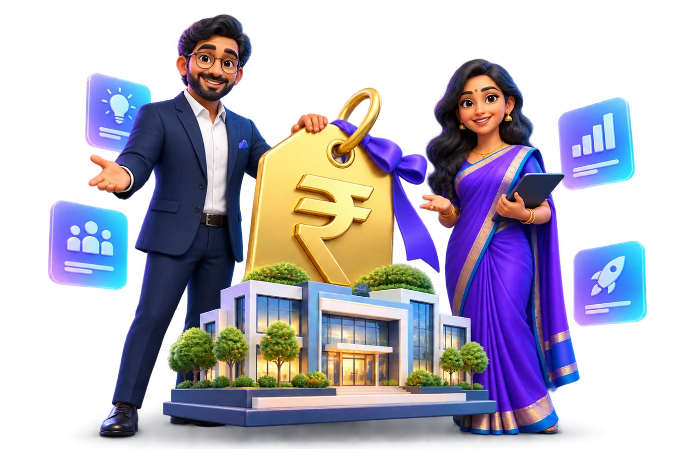 Illustration of an incubation centre director and manager beside a gold rupee price tag and a model of their centre tied with a ribbon
