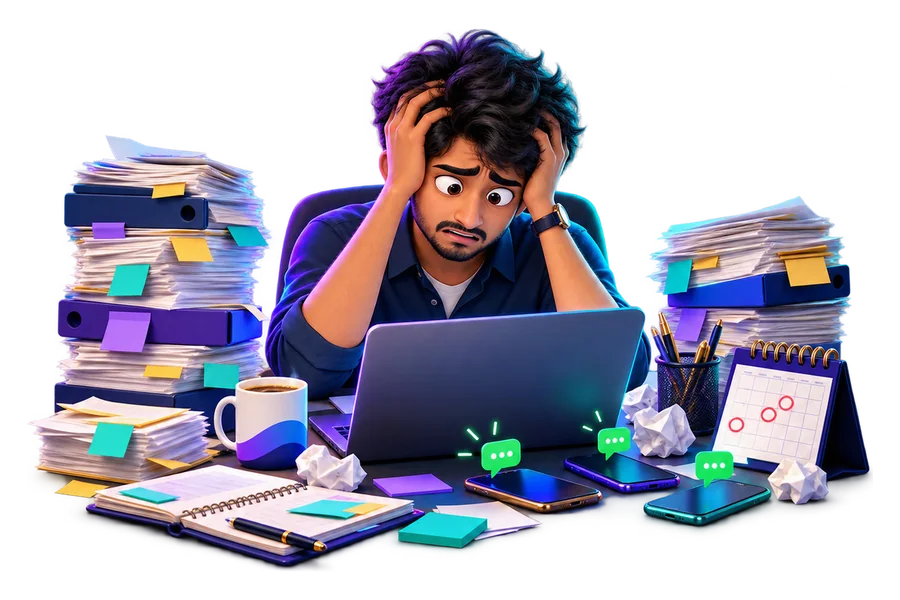 A programme manager holding his head among stacks of files, sticky notes and buzzing phones