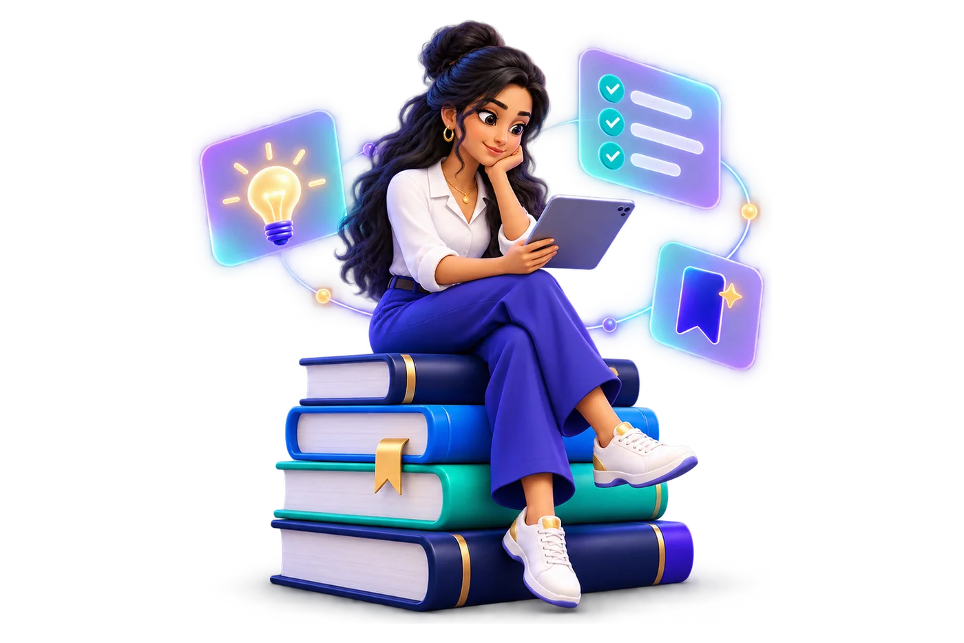 Illustration of an incubation centre manager reading guides on a tablet, sitting on a stack of books