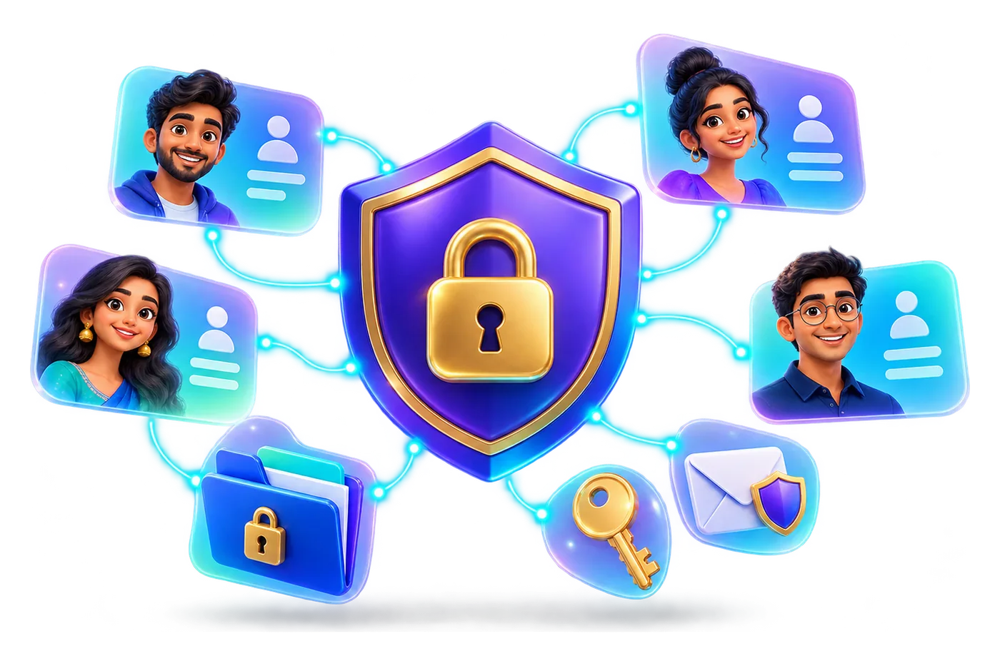Illustration of a shield with a padlock linked to the logins of different people, a locked folder, a key and an envelope