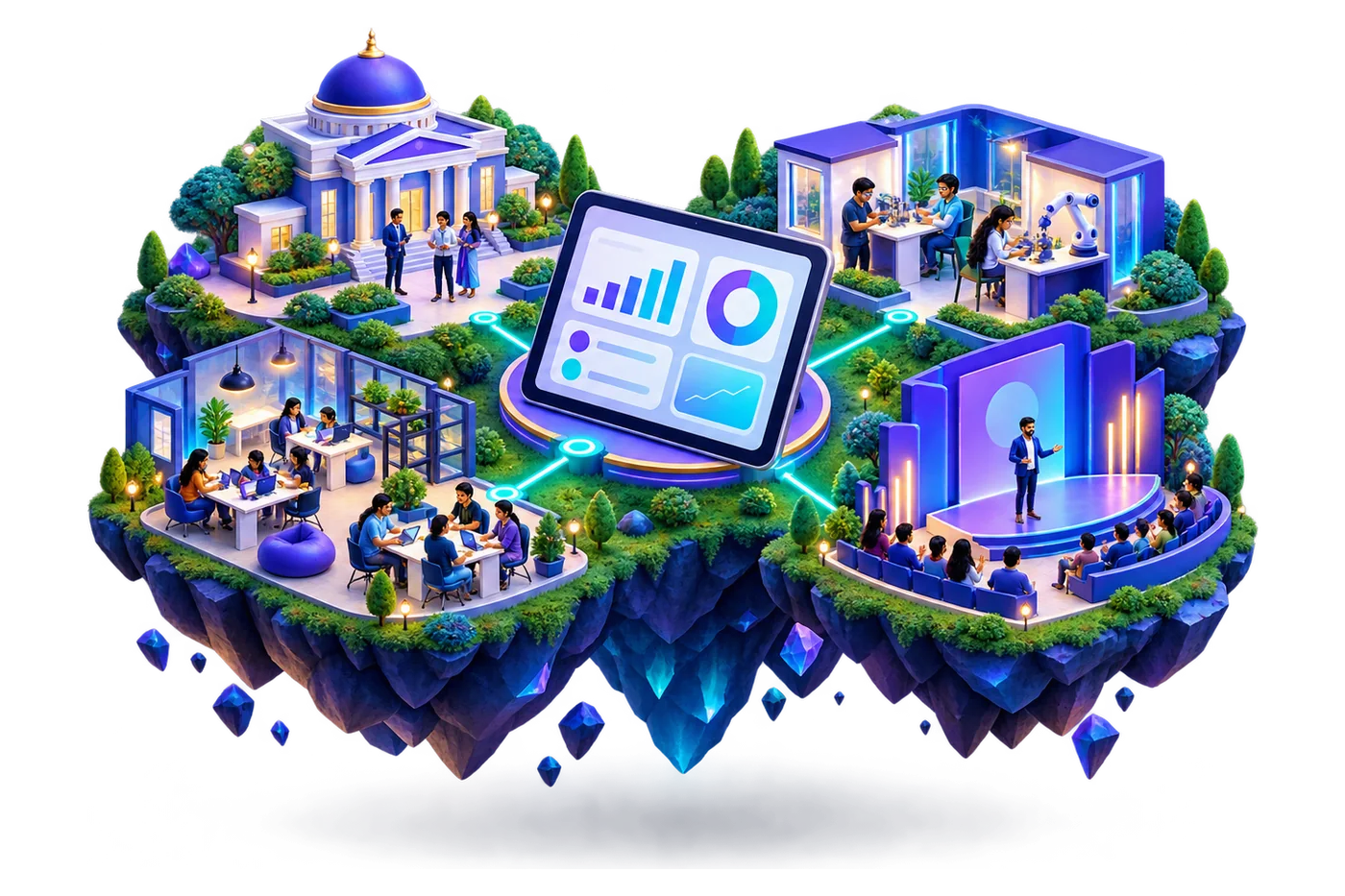 Illustration of a floating island campus with a university incubator, an innovation lab, a coworking floor and a demo-day stage, all linked to one dashboard