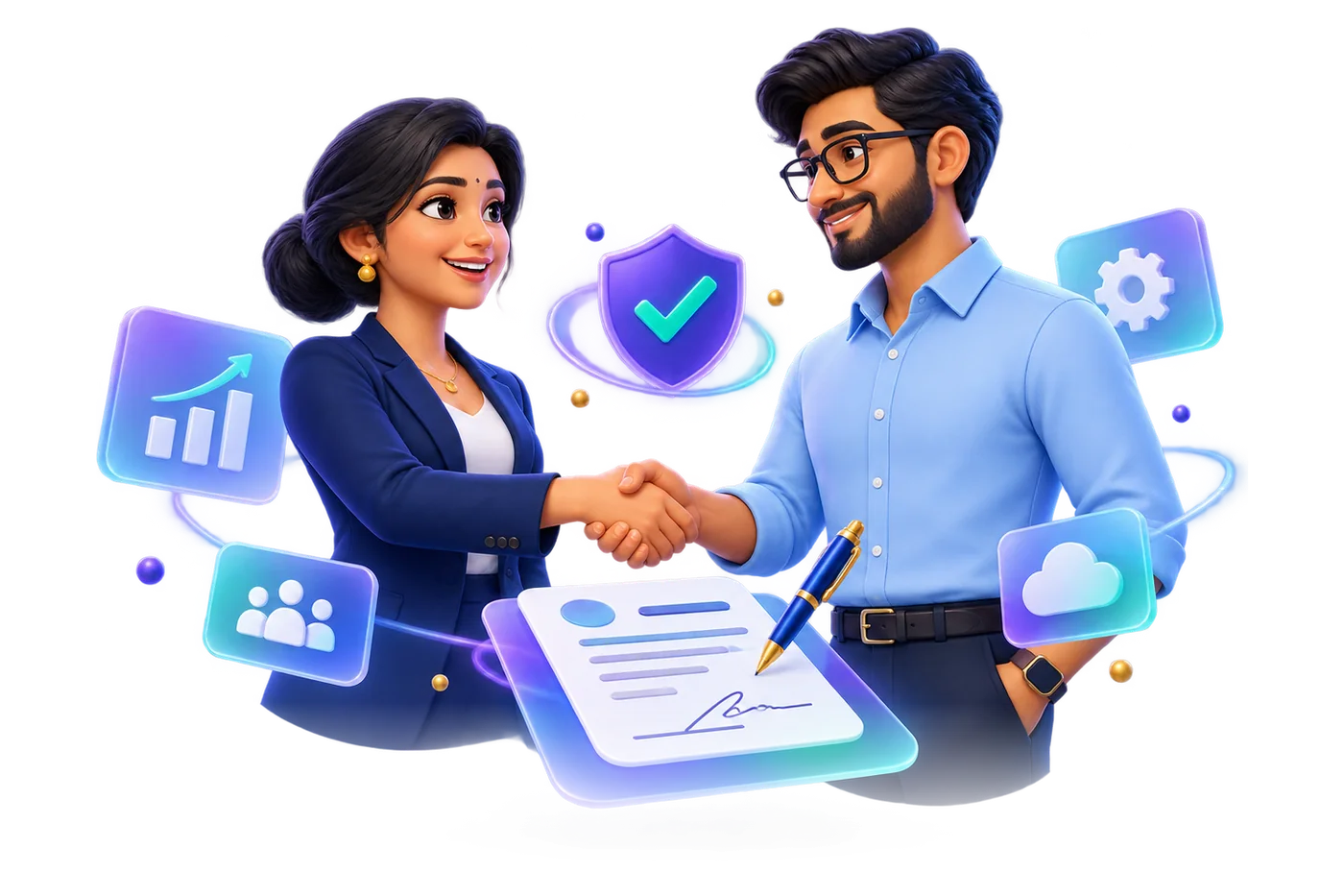 Illustration of an incubation centre director and a software partner shaking hands over a signed agreement