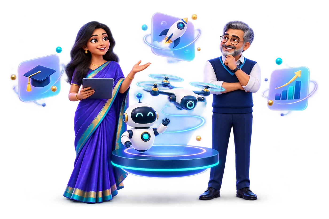 Illustration of a university incubator director and a professor beside a robot and a drone prototype on a glowing platform
