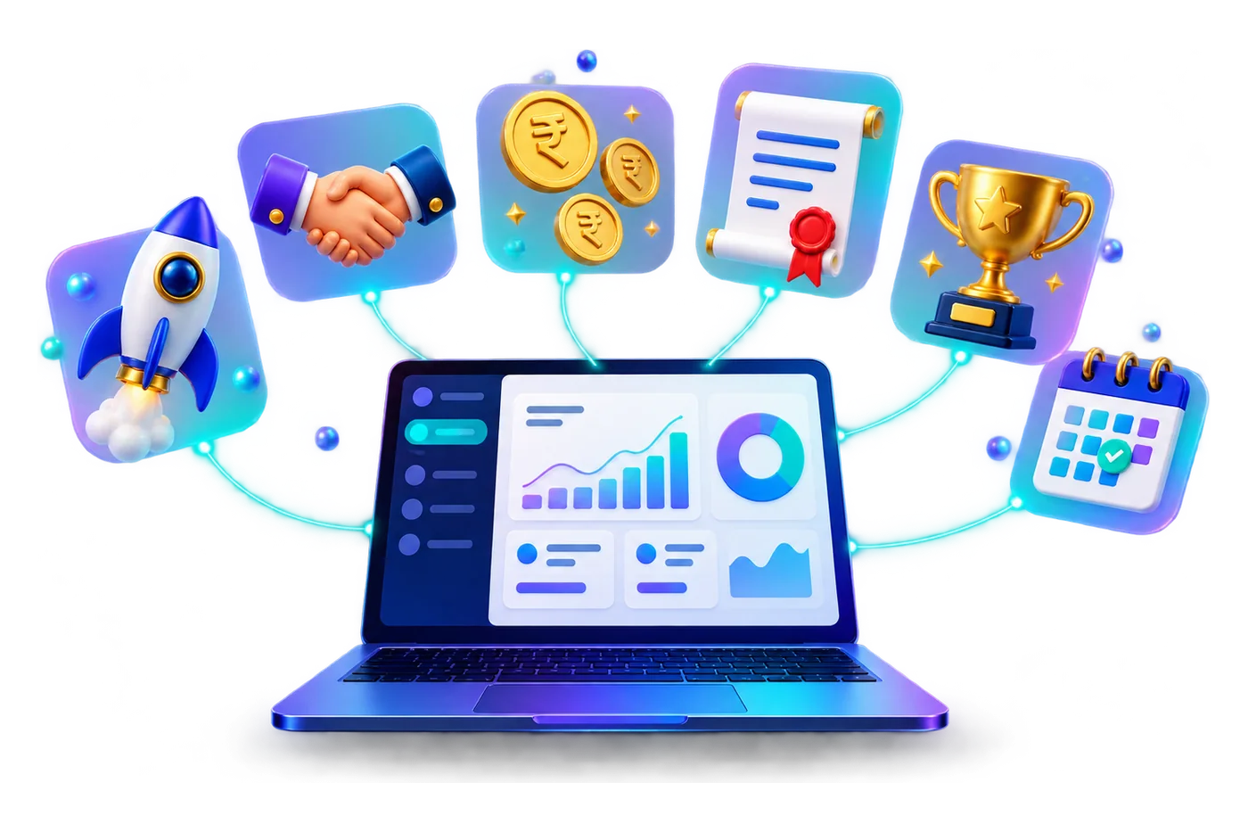 Illustration of one laptop dashboard linked to startups, investors, money, certificates, awards and events, working as one system