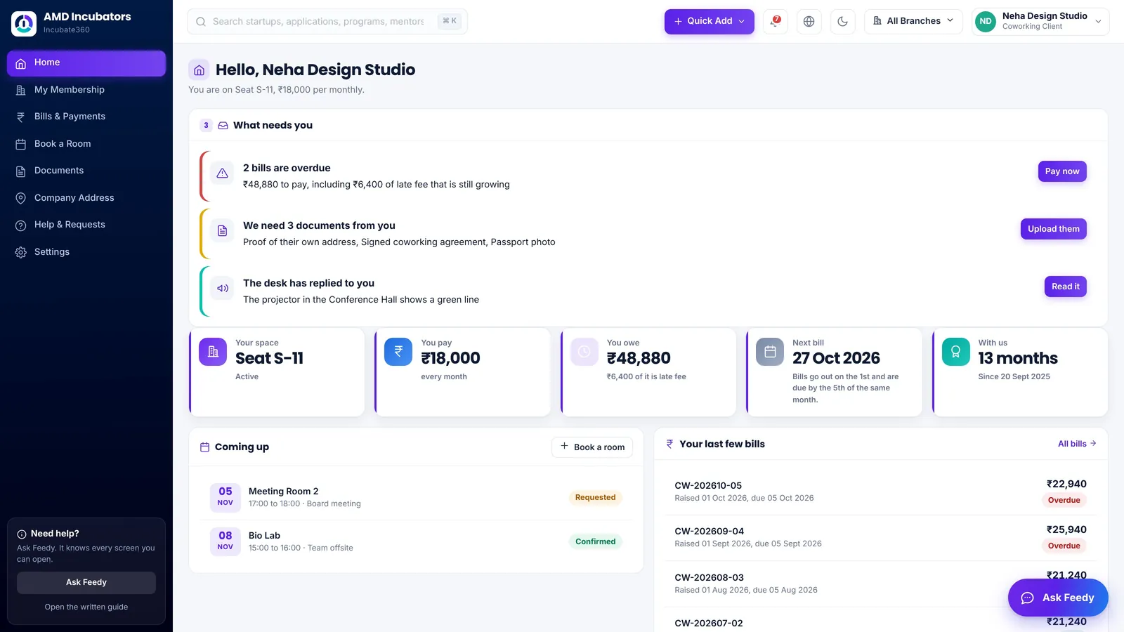 A member company’s own login in Incubate360: overdue bills with the late fee, documents the desk asked for, replies from the desk, and its next bookings