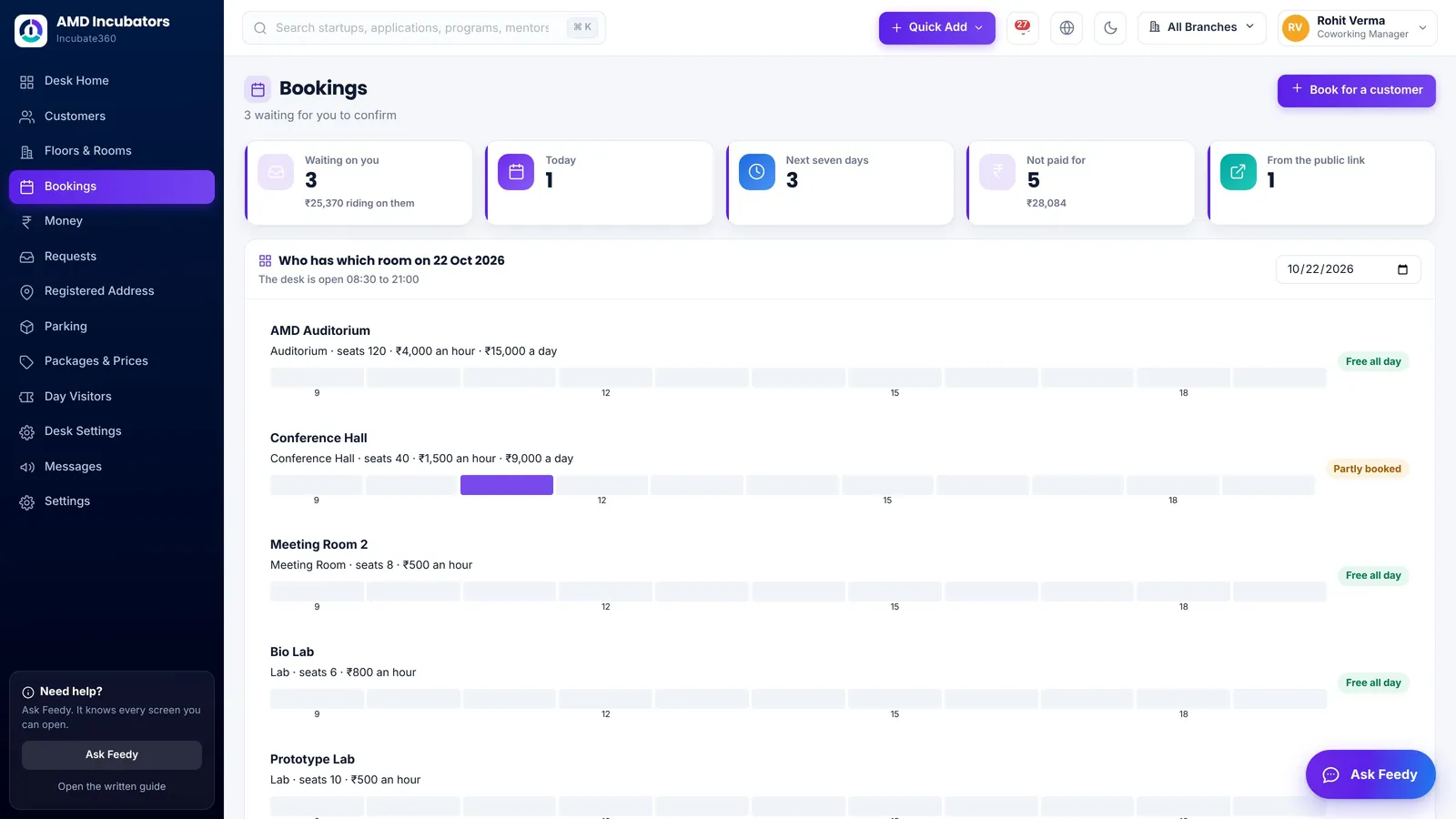 Room bookings in Incubate360: an hour-by-hour grid for each meeting room and hall, with bookings waiting for the desk to confirm