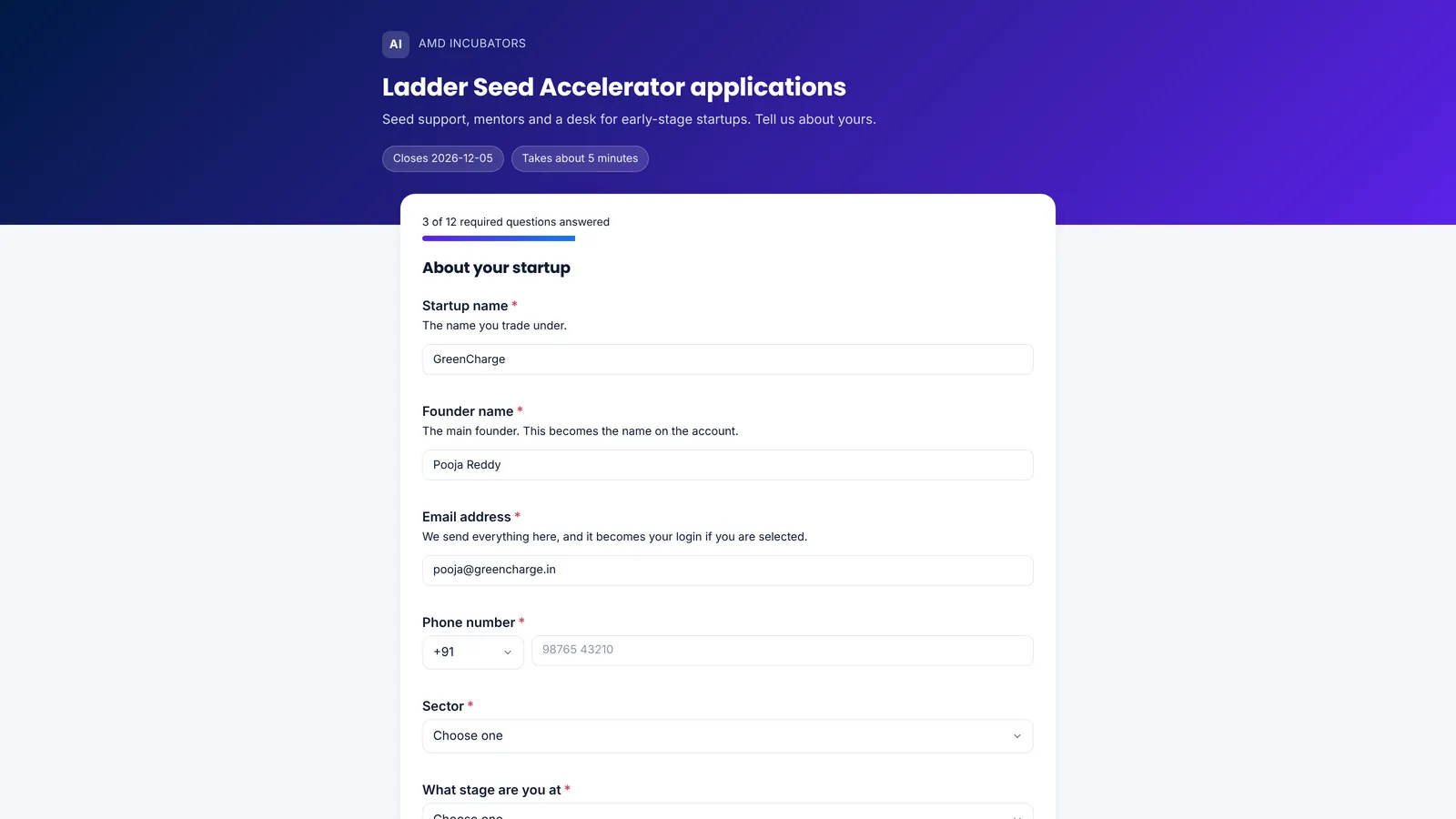 A public startup application form for a seed accelerator in Incubate360, part filled in, with a progress line