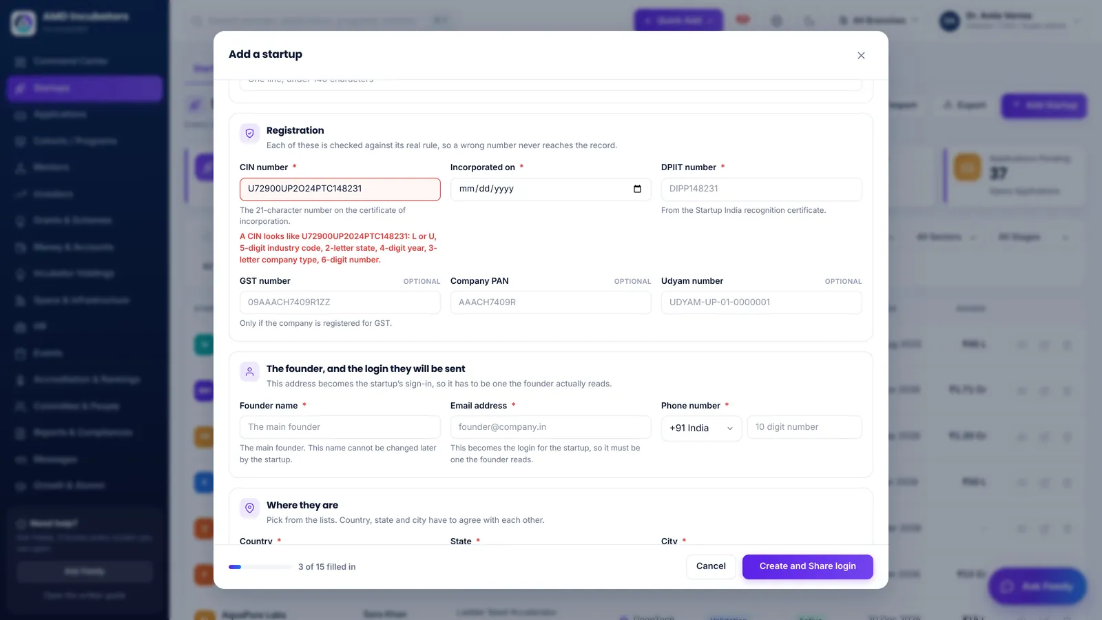 The Add a startup form in Incubate360 flagging a wrong CIN number in red as it is typed