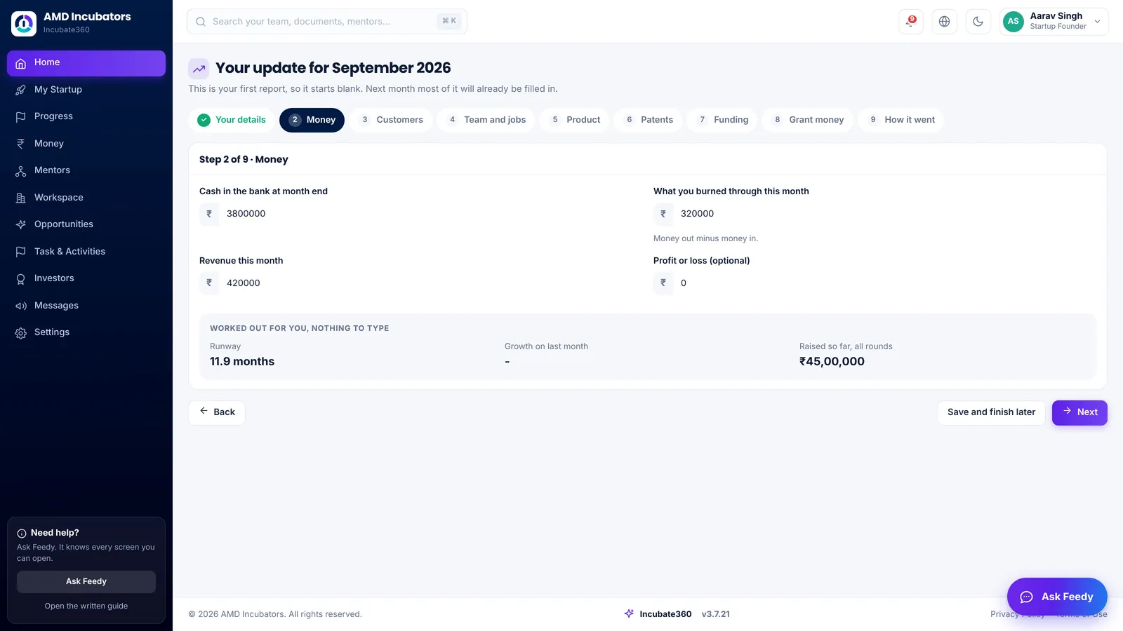 A founder’s monthly report in Incubate360 at the money step, with runway worked out as 11.9 months